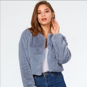 Gray Long-Sleeved Faux Fur Cropped Jacket